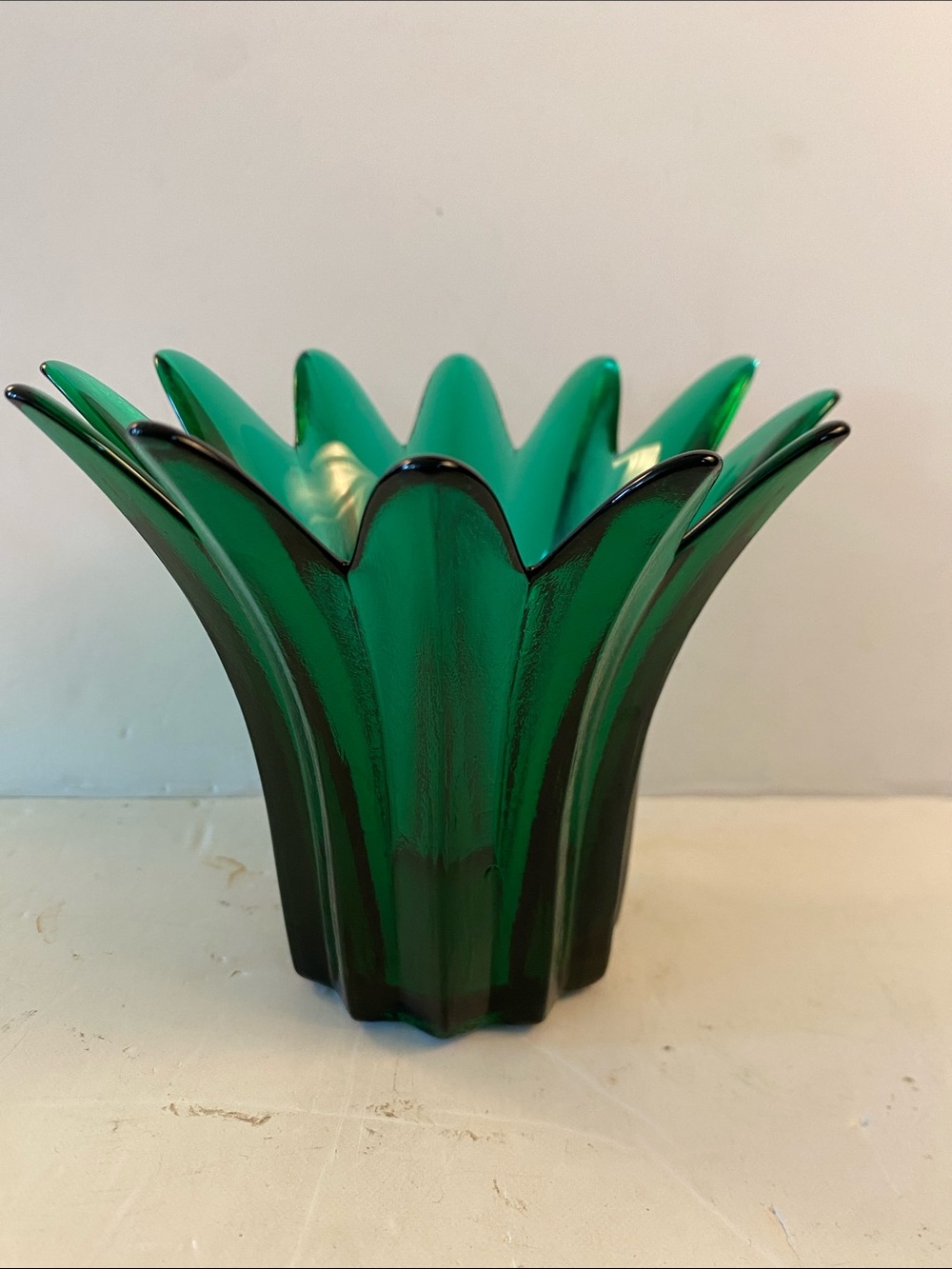Green Sculptural Art Glass Candle Holder with Fluted Petal Rim